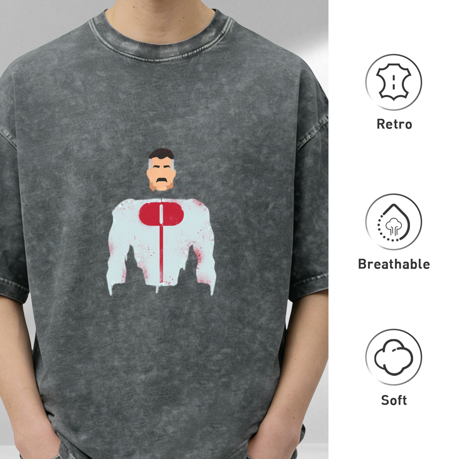 Retro washed black loose short-sleeved T-shirt printed with the minimalist pattern of the character Omni-Man