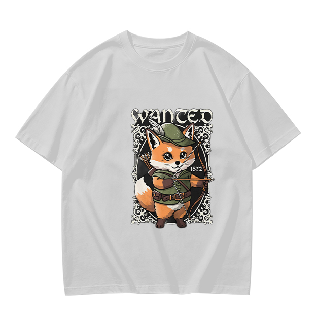Olive green t-shirt with cute fox archer 'WANTED' graphic