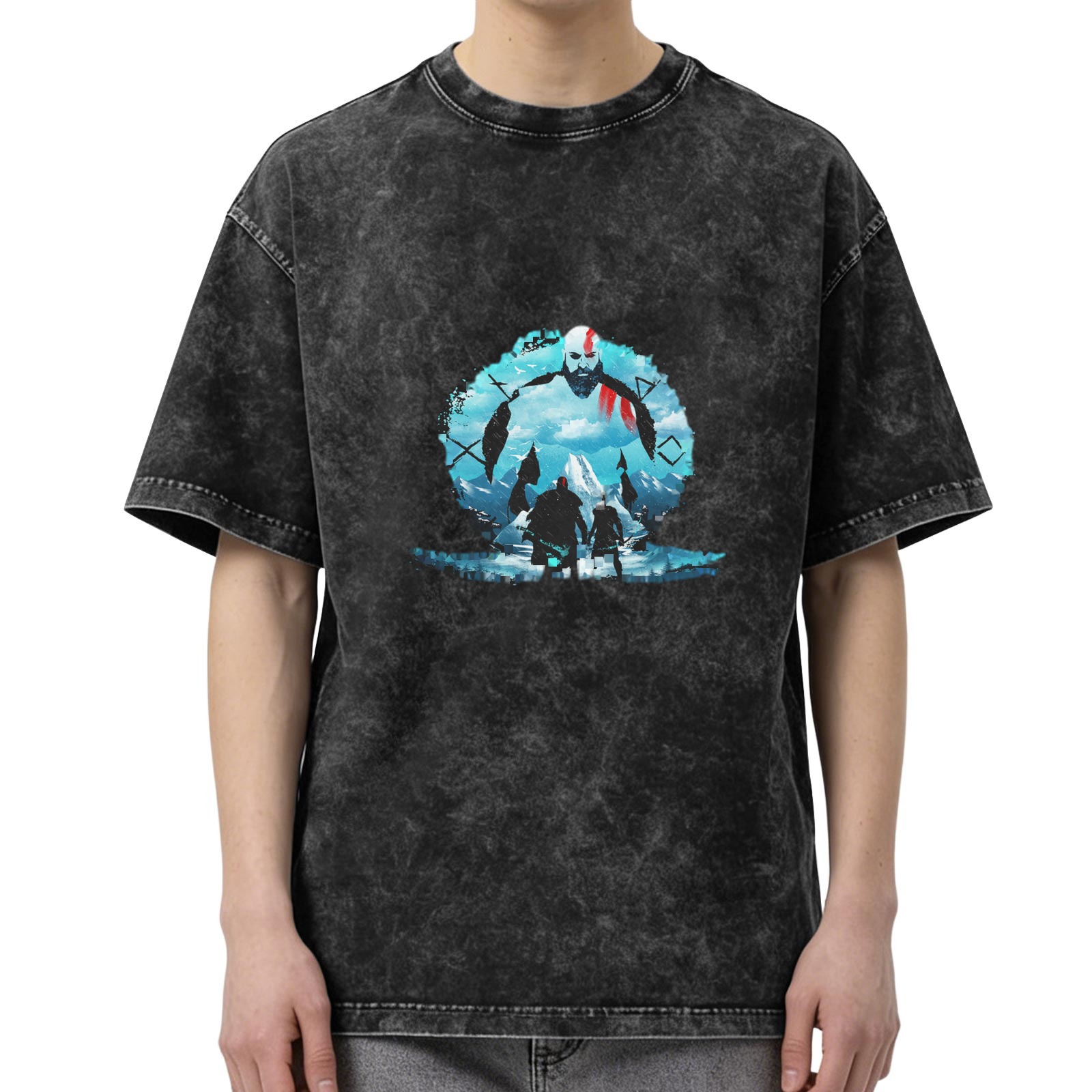 God of War Kratos & Atreus Graphic Print Stone Wash Oversized T-shirt