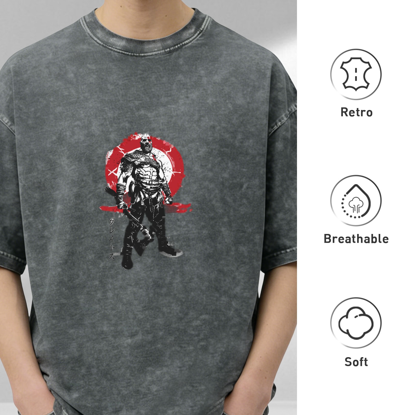 Washed Black Graphic T-Shirt with Warrior Figure Print