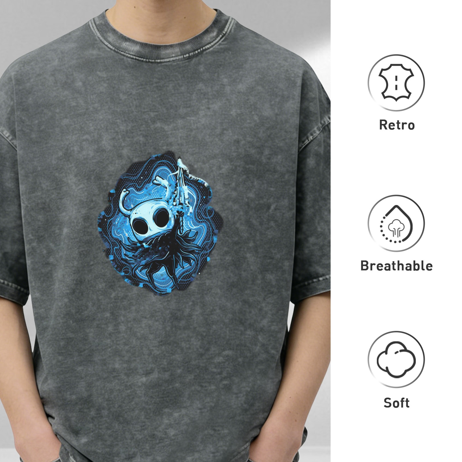 Oversized Dark Wash T-Shirt With Hollow Knight Blue Art Print