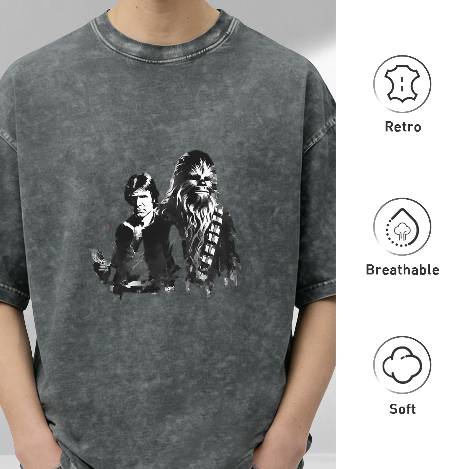 Star Wars Han Solo and Chewbacca Graphic Acid Wash T-Shirt