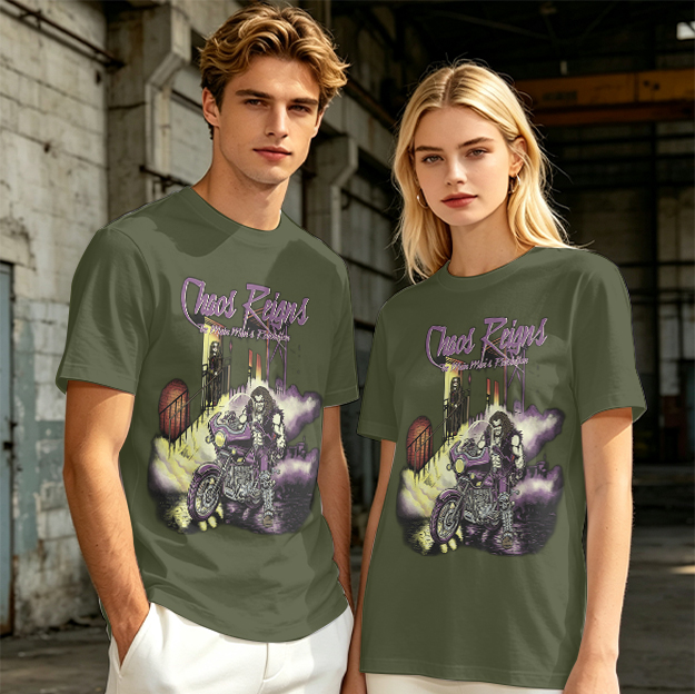 Olive Graphic T-Shirt with Chaos Reigns Biker Artwork
