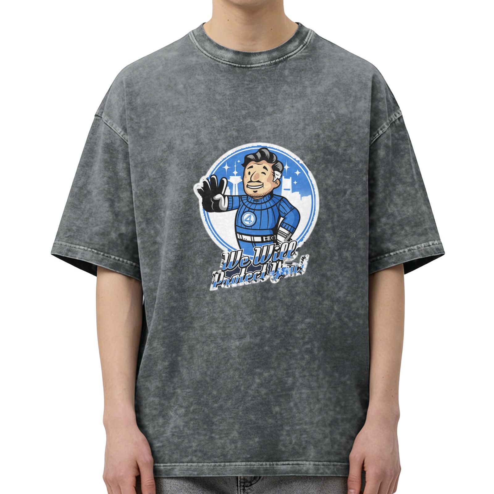 Washed Black T-Shirt with Retro Cartoon Character We Will Protect You Print