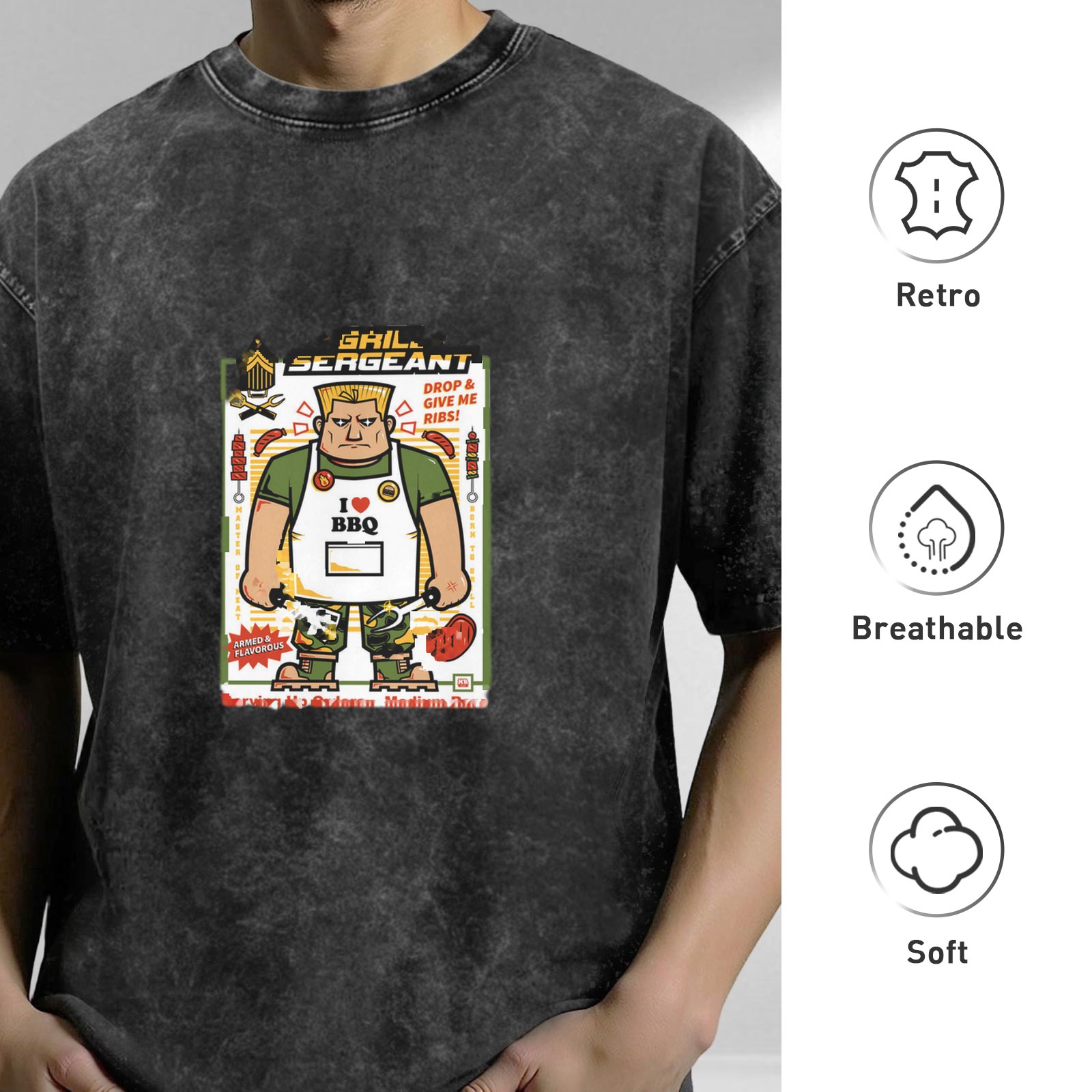 Washed black t-shirt with grill sergeant BBQ cartoon print