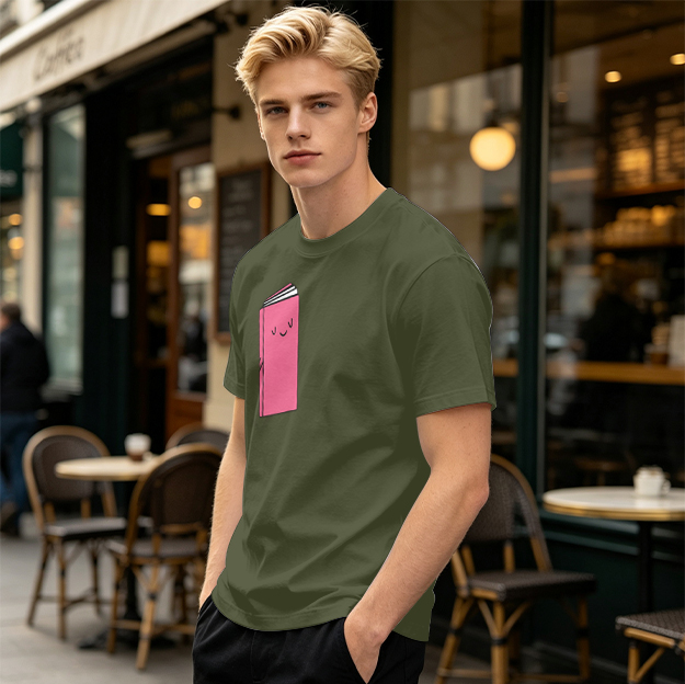 Olive Green T-Shirt With Cute Smiling Pink Book Graphic