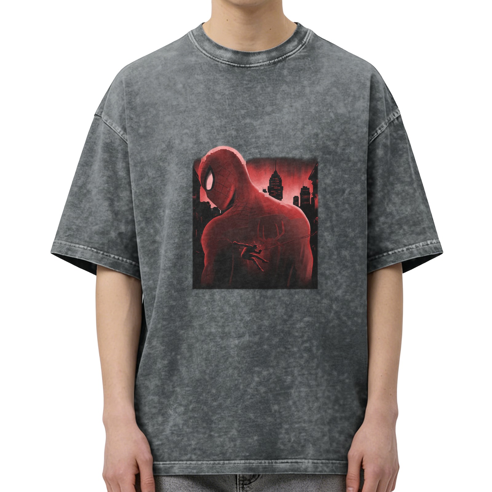 Washed Black Oversized T-Shirt with Spider-Man Cityscape Graphic
