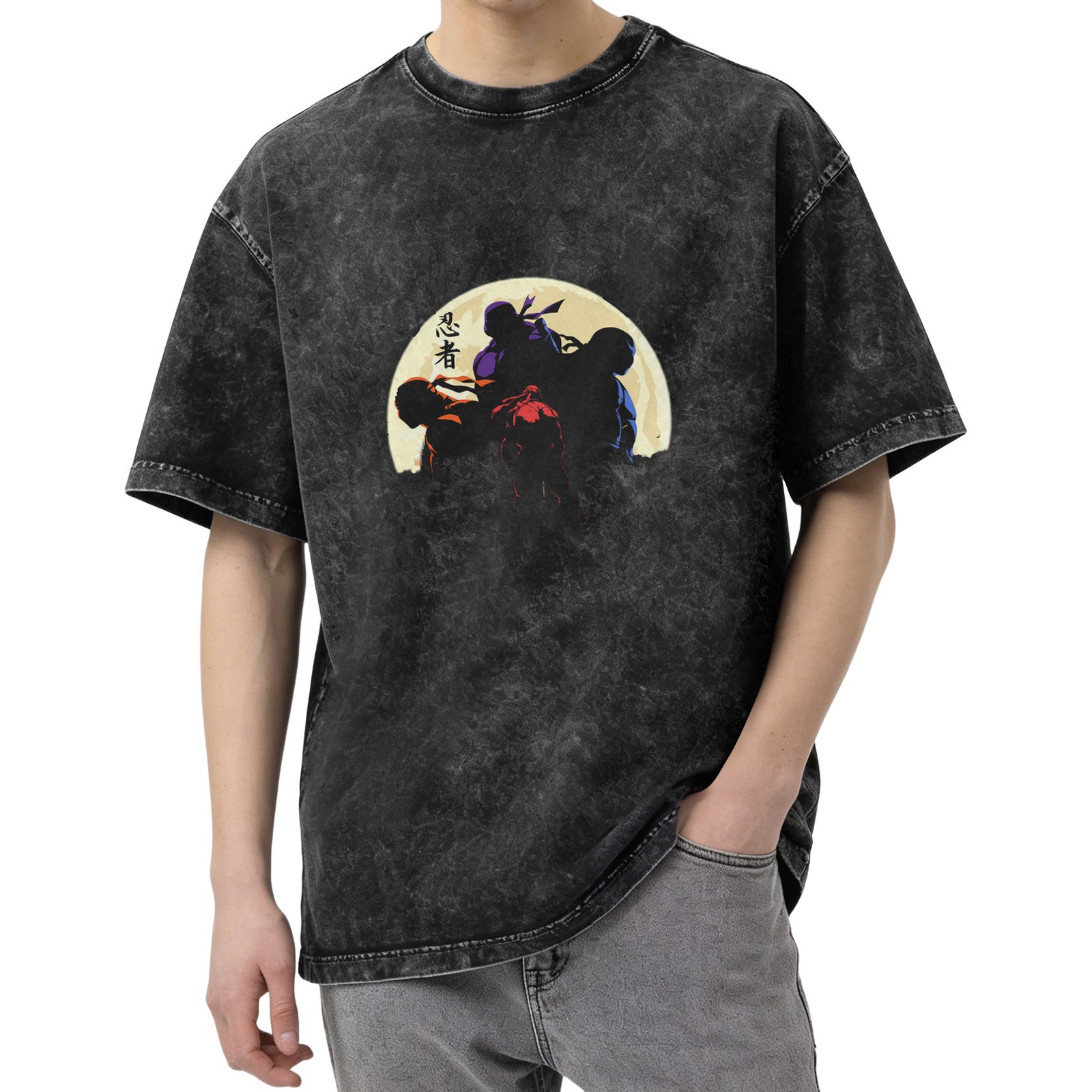 Washed black t-shirt with ninja silhouettes against a full moon