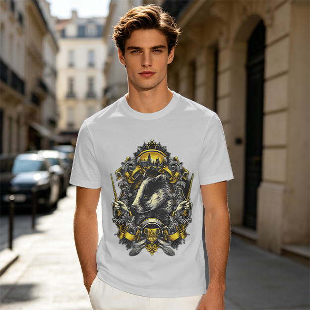 Olive T-shirt with Badger Crest Magical Artwork Print