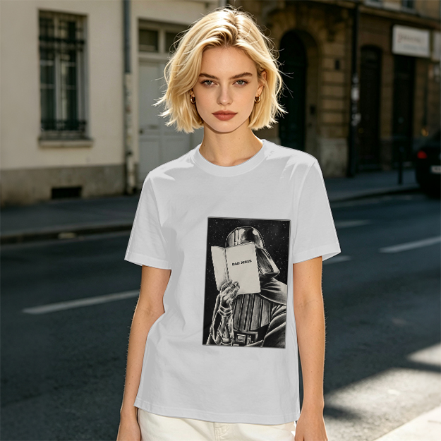 Olive T-shirt with Darth Vader reading a book graphic