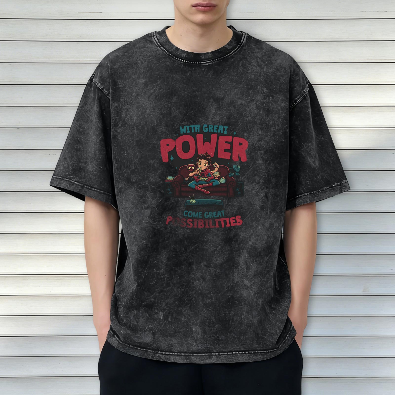 Washed Black Graphic T-Shirt With Spider-Man 'With Great Power' Design