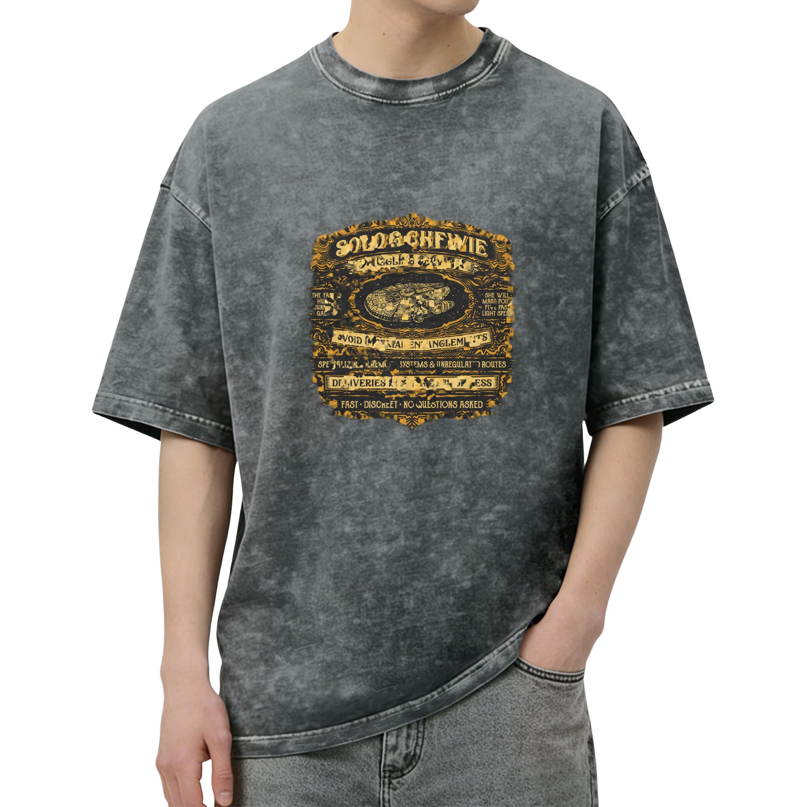 Distressed washed black retro-style printed short-sleeved T-shirt