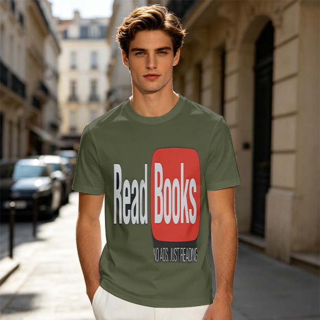 Olive green t-shirt with 'Read Books No Ads Just Reading' print