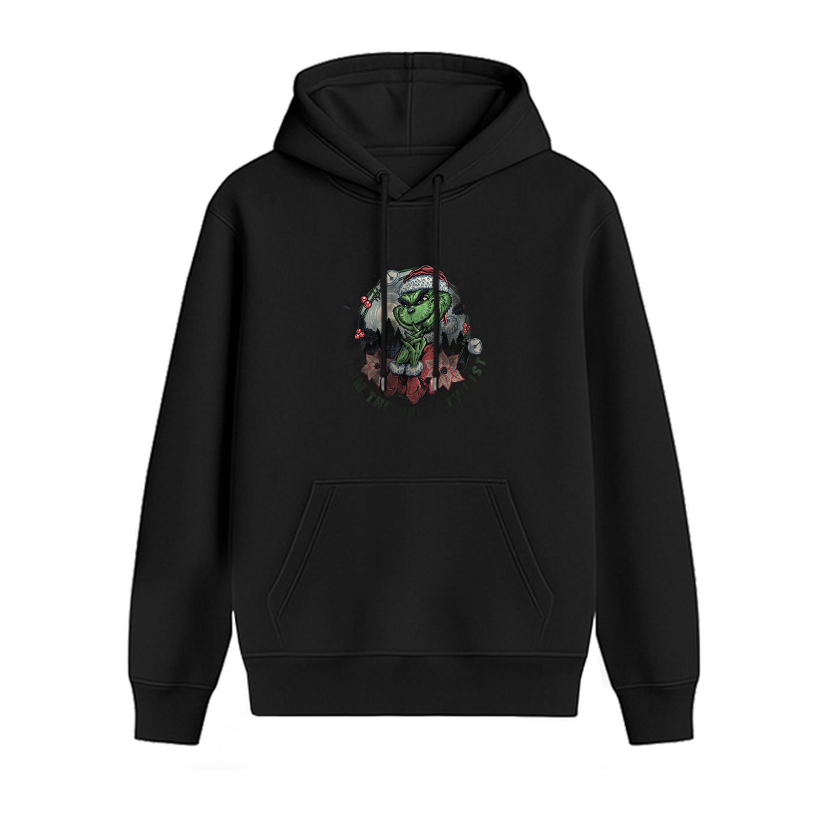 Black hoodie with Grinch in Santa hat Christmas graphic