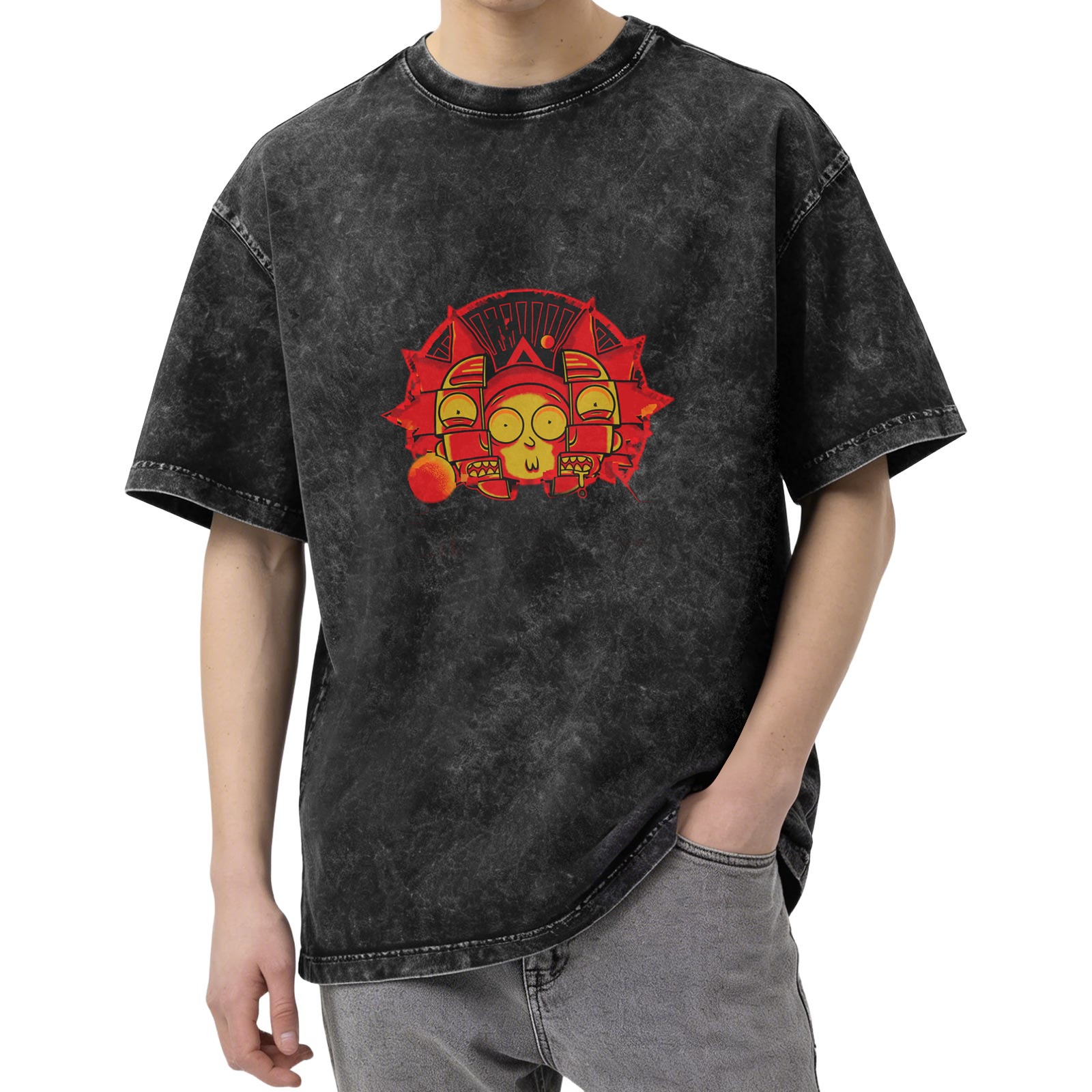 Washed Black T-Shirt With Red And Yellow Cartoon Graphic Print