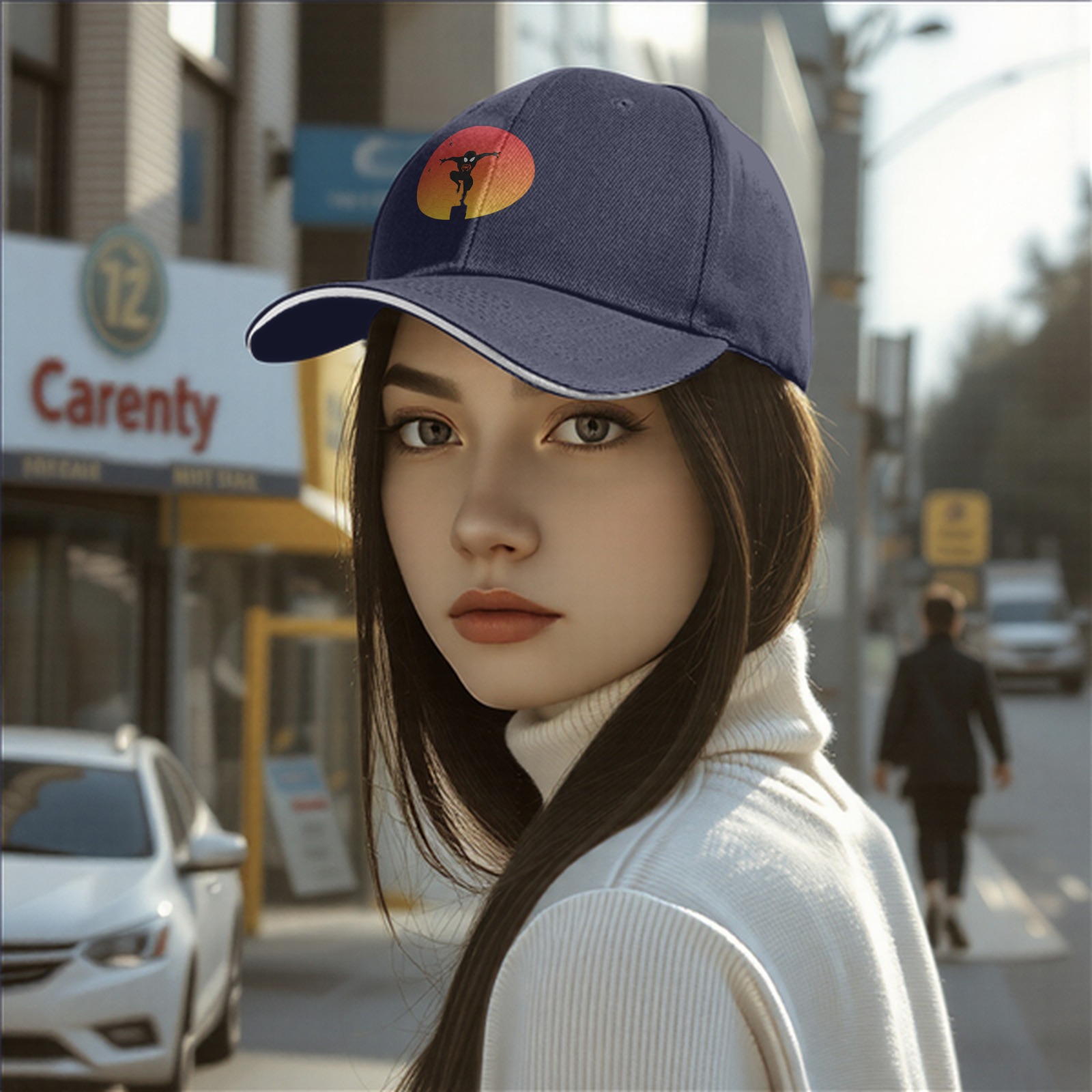 Black Baseball Cap With Ninja Silhouette Sunset Graphic