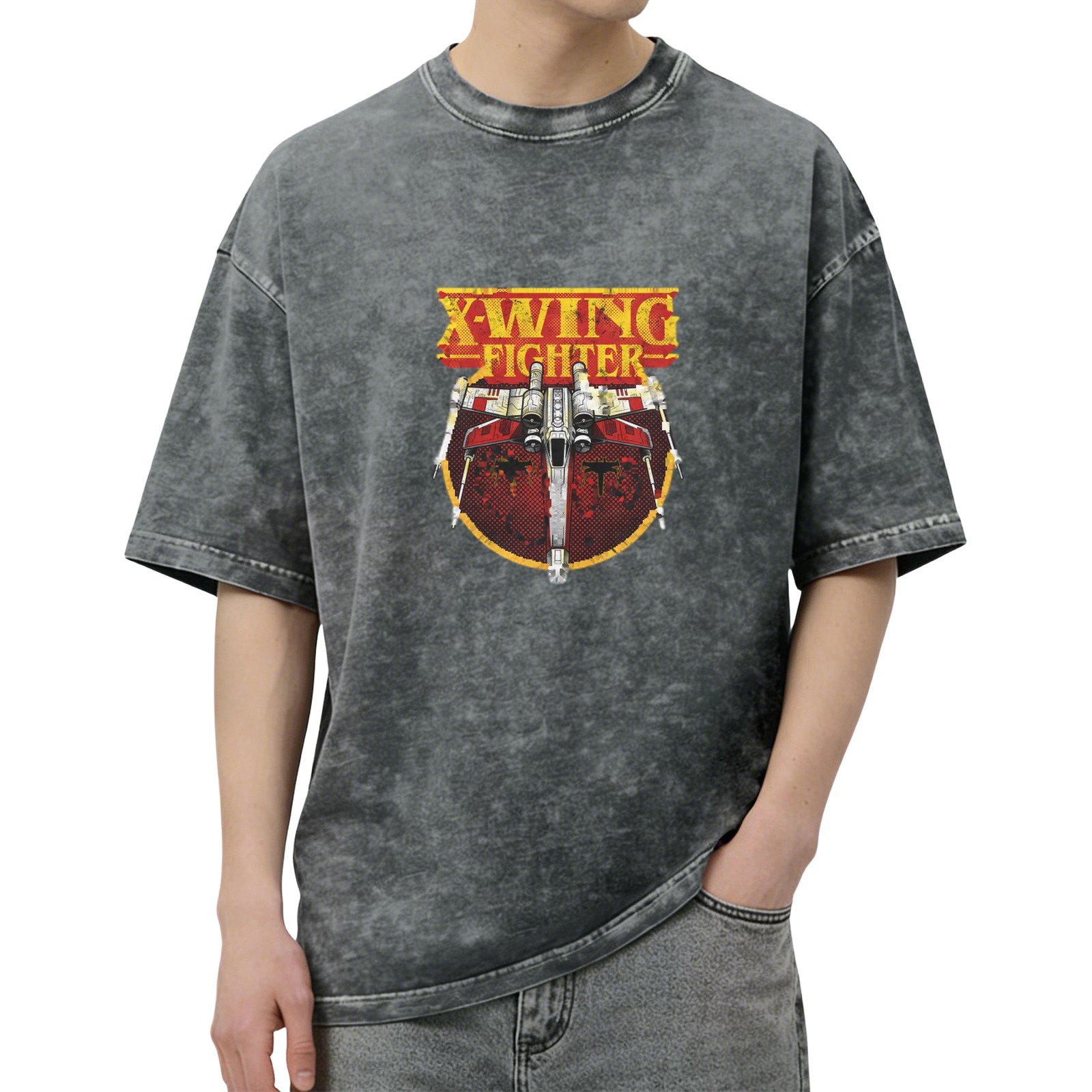 Oversized Dark Wash T-Shirt with X-Wing Fighter Graphic
