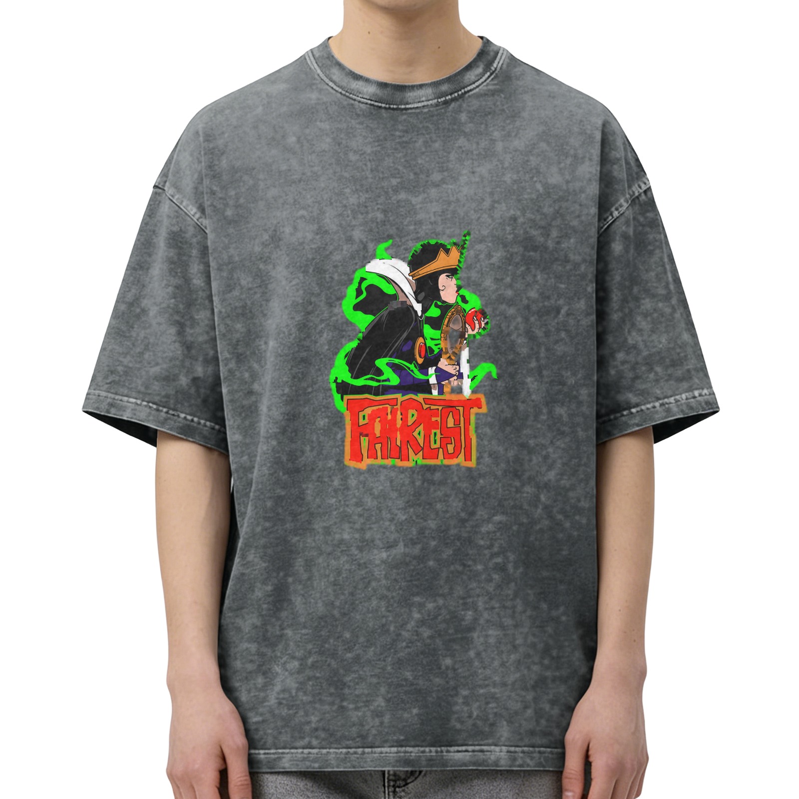 oversized acid wash graphic t-shirt with villain character and fairest text