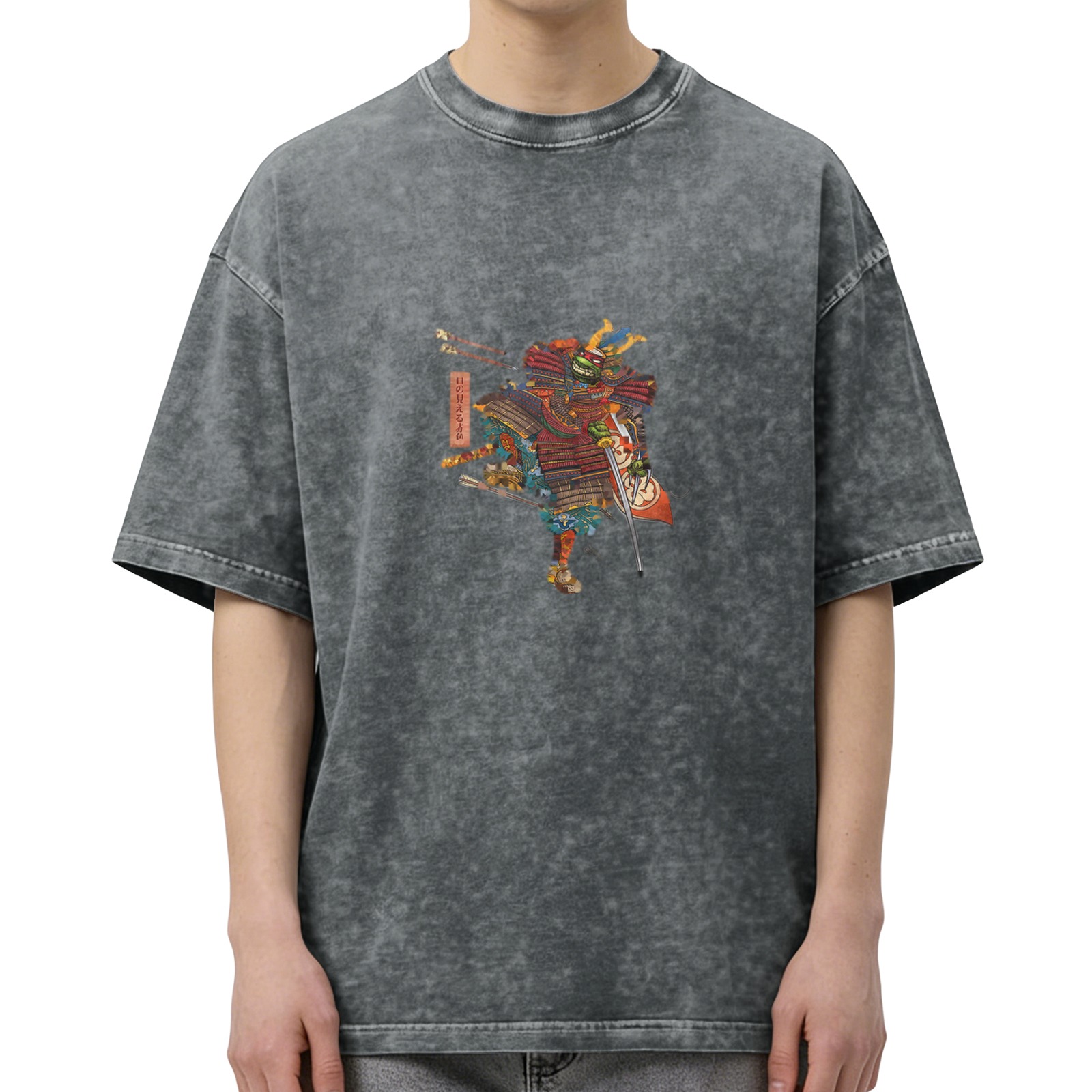 Oversized Acid Wash T-Shirt with Samurai Graphic Print