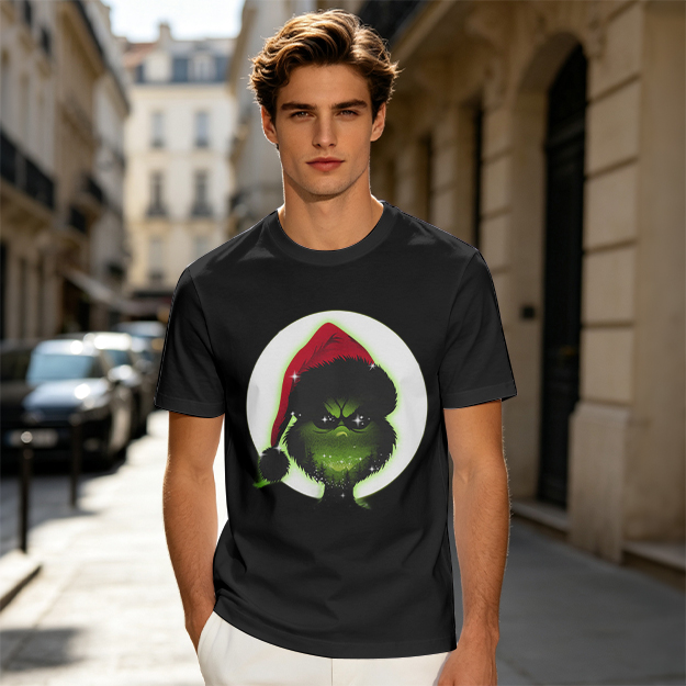 Olive Green T-Shirt With Grinch Wearing Santa Hat Graphic