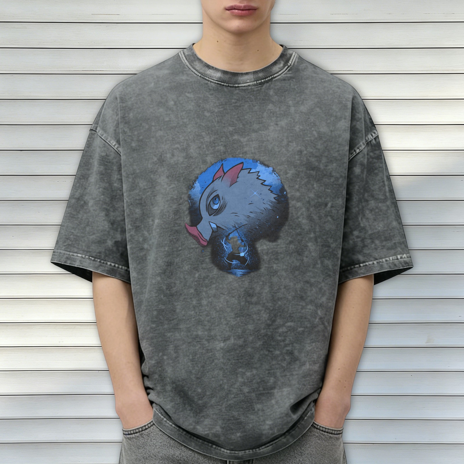 oversized dark washed t-shirt with anime boar head graphic