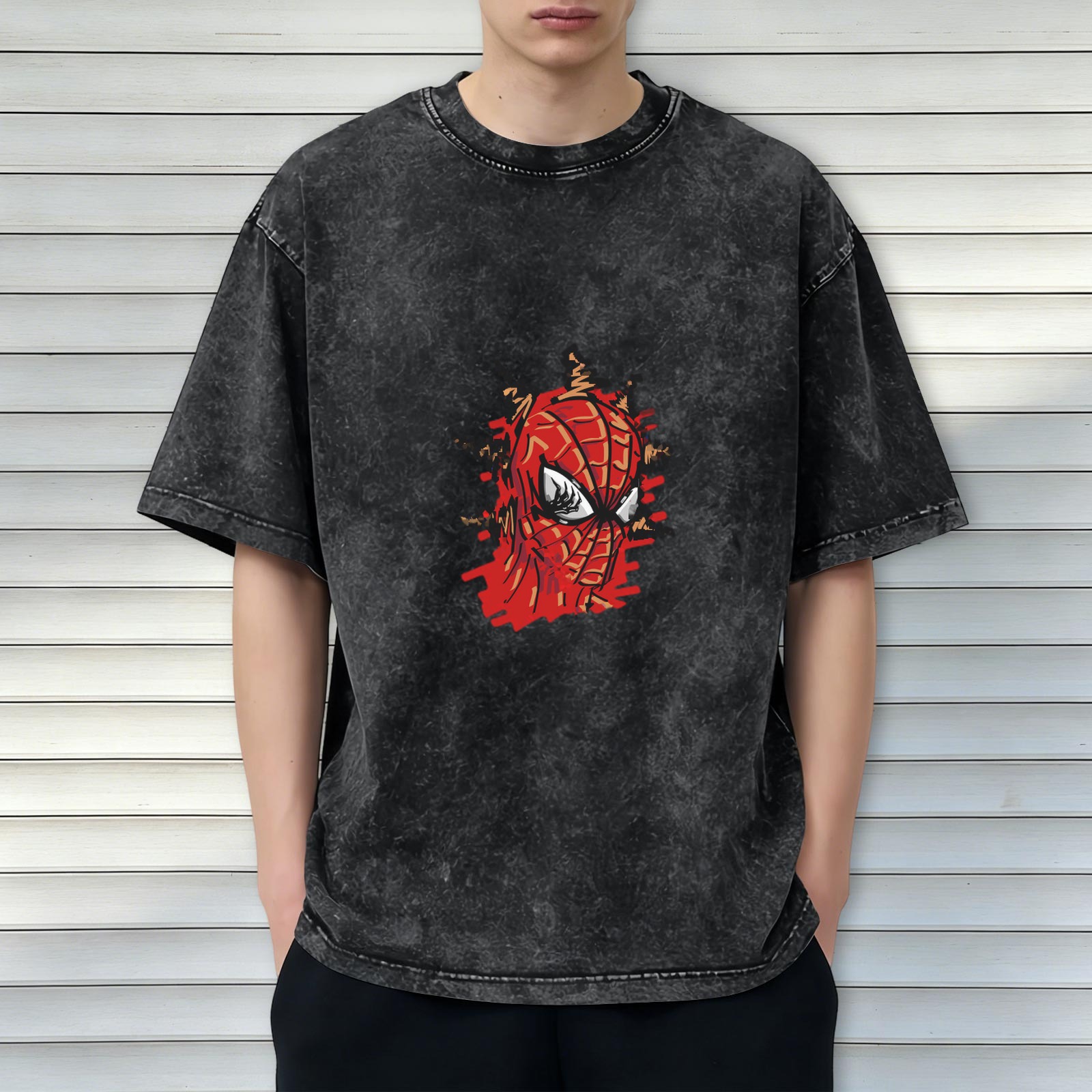 Oversized Acid Wash T-Shirt with Spider-Man Graphic Print