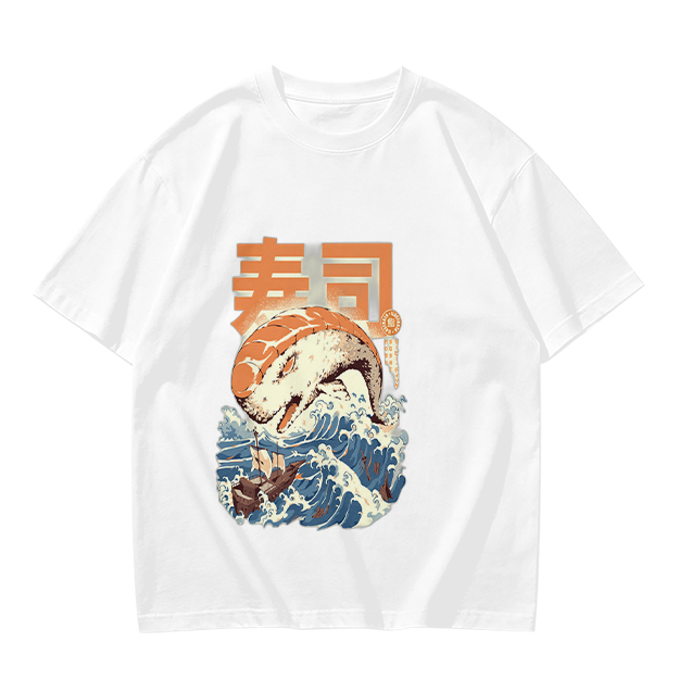 Olive t-shirt with sushi monster and great wave graphic