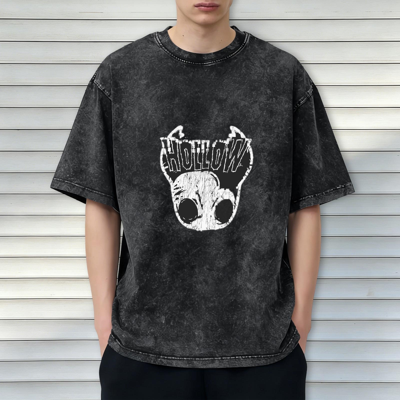 Washed Black T-Shirt With Hollow Skull Graphic Print