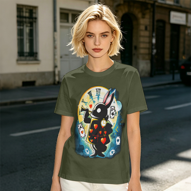 Olive T-Shirt With Alice In Wonderland White Rabbit Print