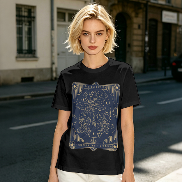 Olive t-shirt with winged keys tarot-style graphic design