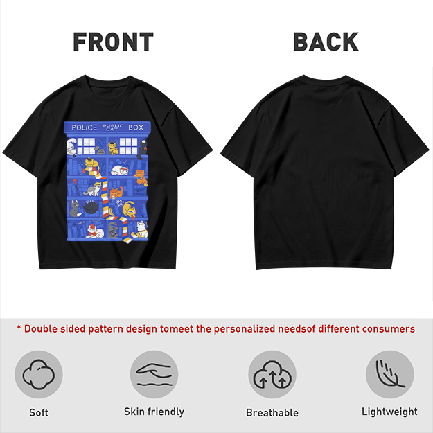 Olive T-Shirt with Police Box and Playful Cats Graphic