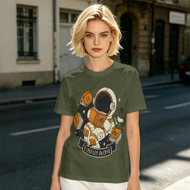 Astronaut Reading Book 'Finally Alone' Graphic T-Shirt Design