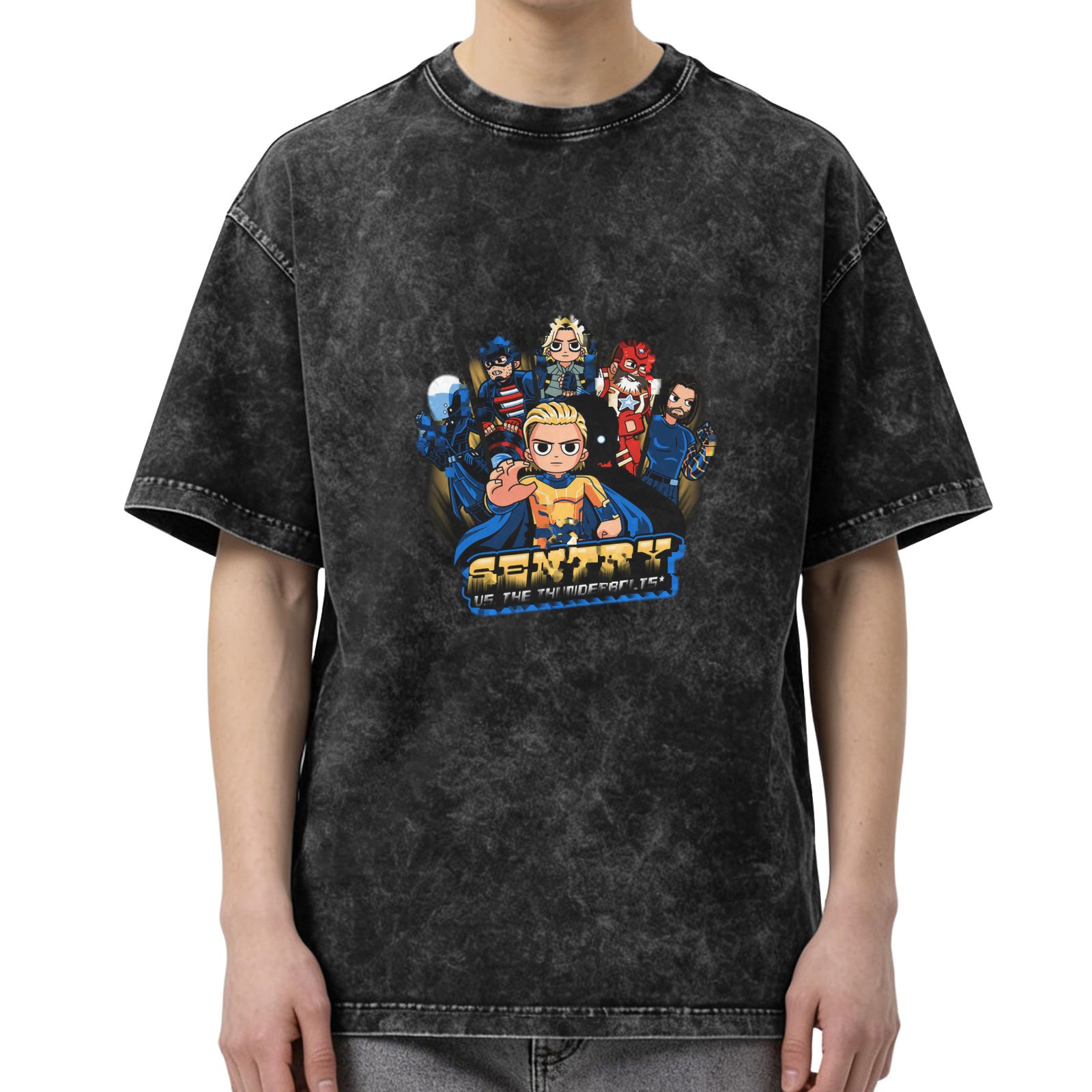 Sentry vs Thunderbolts Chibi Graphic Washed Black Oversized T-Shirt
