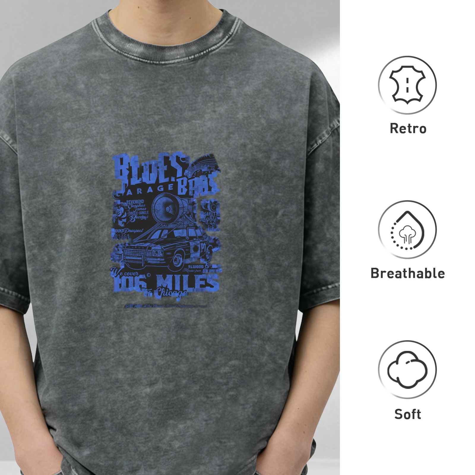 Washed Black T-Shirt with Blues Bros Garage 106 Miles Chicago Graphic