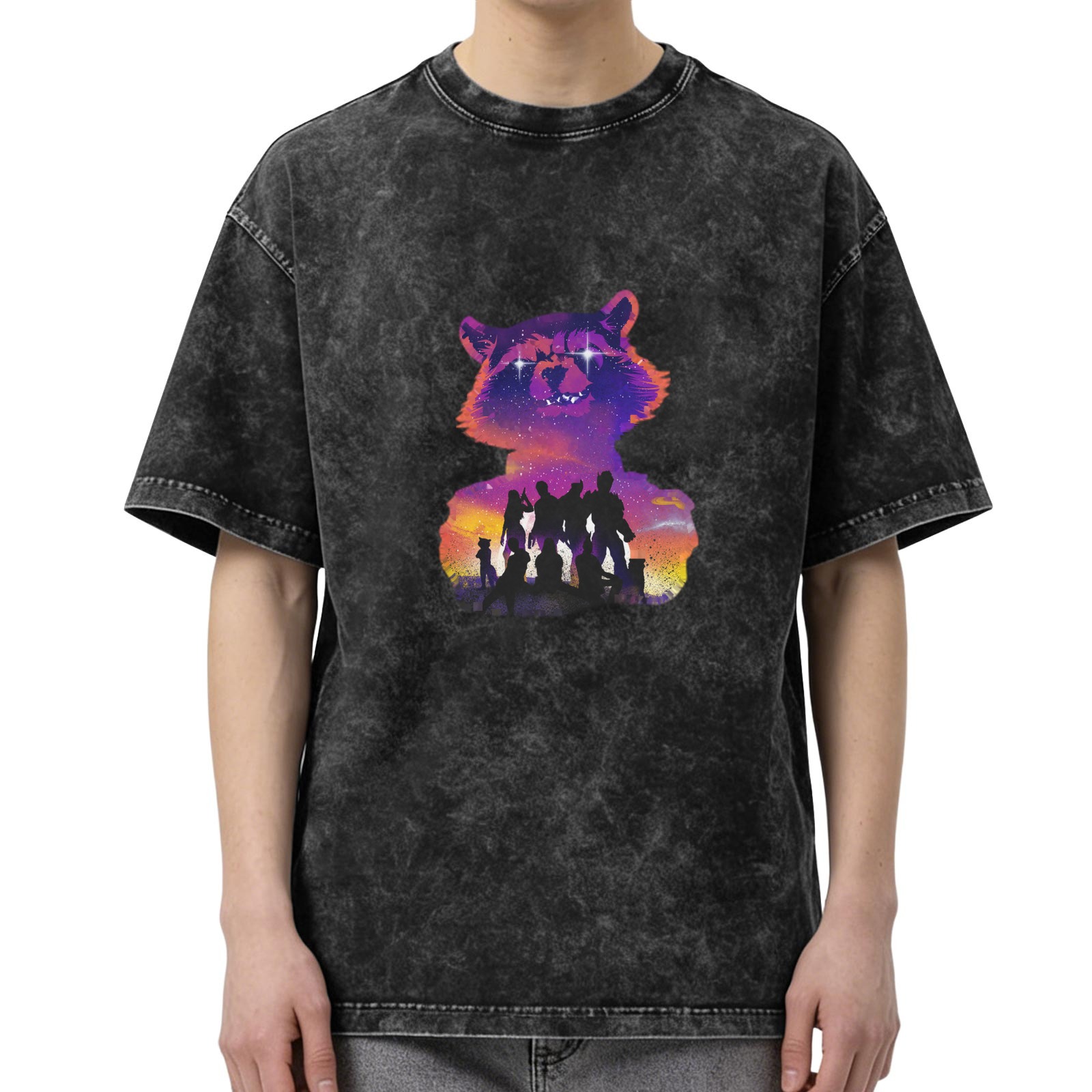 Washed black t-shirt with raccoon and team silhouette graphic