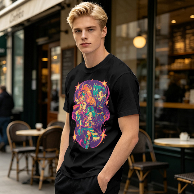 Olive T-Shirt With Vibrant Anime Chibi Characters Graphic Print