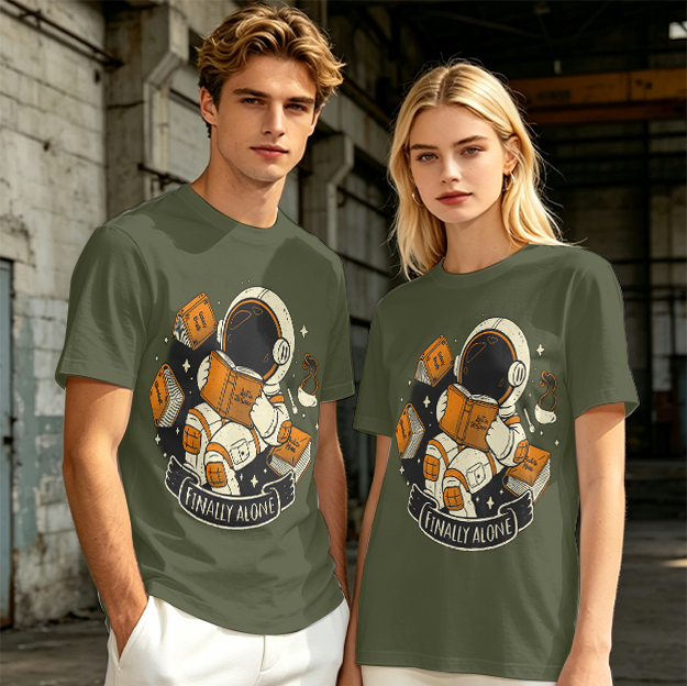 Astronaut Reading Book 'Finally Alone' Graphic T-Shirt Design