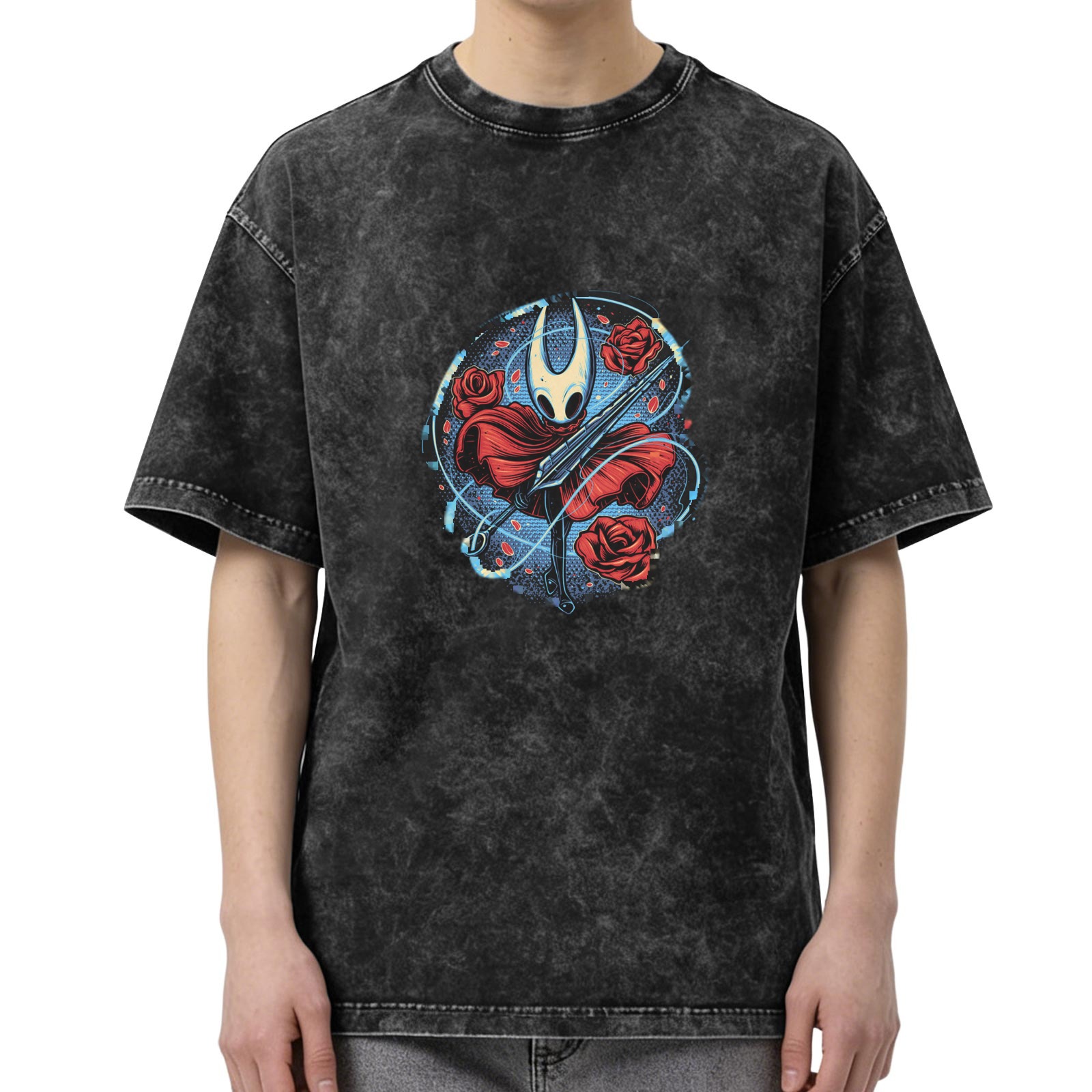 Washed black graphic t-shirt with Hollow Knight Hornet and roses print
