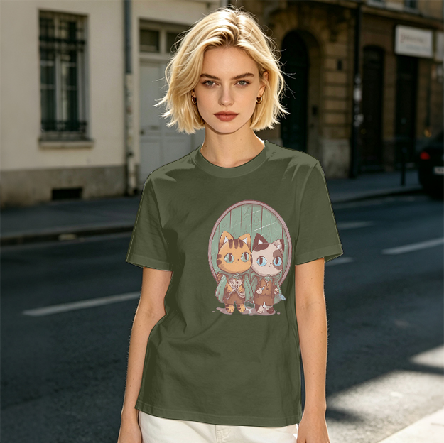 Olive Green T-Shirt With Cute Cat Fantasy Character Print