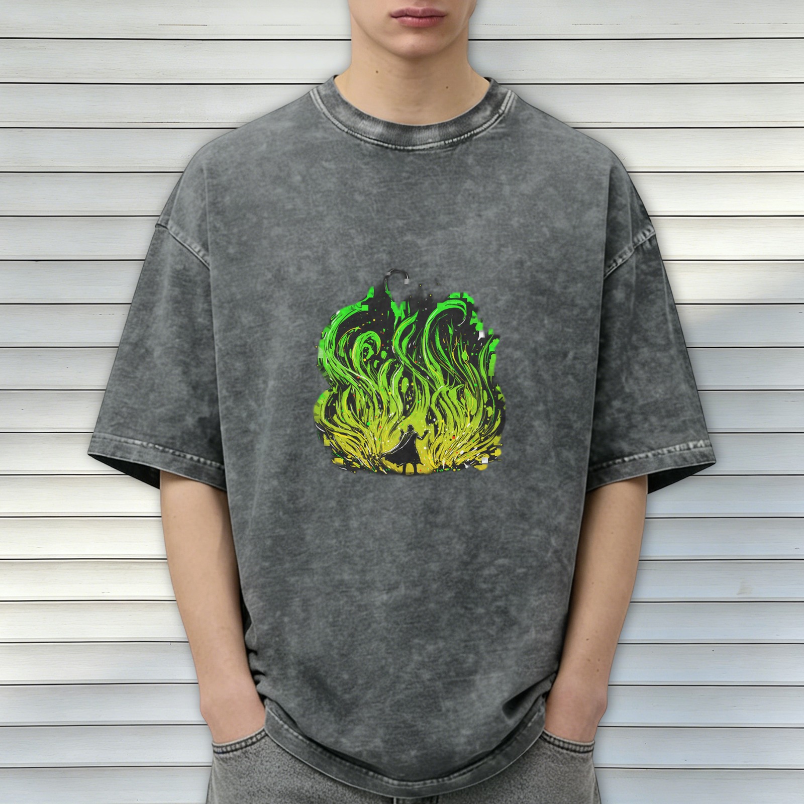 Oversized Acid Wash T-Shirt With Green Flame Silhouette Print