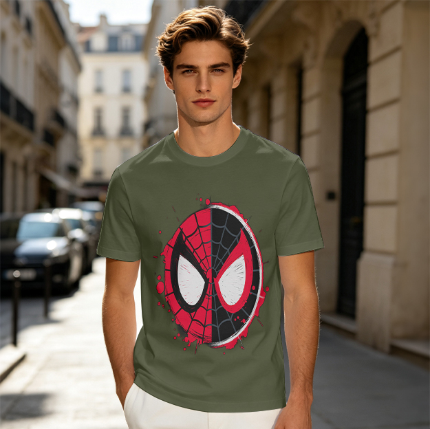 Olive T-Shirt with Split Spider-Man Mask Graphic