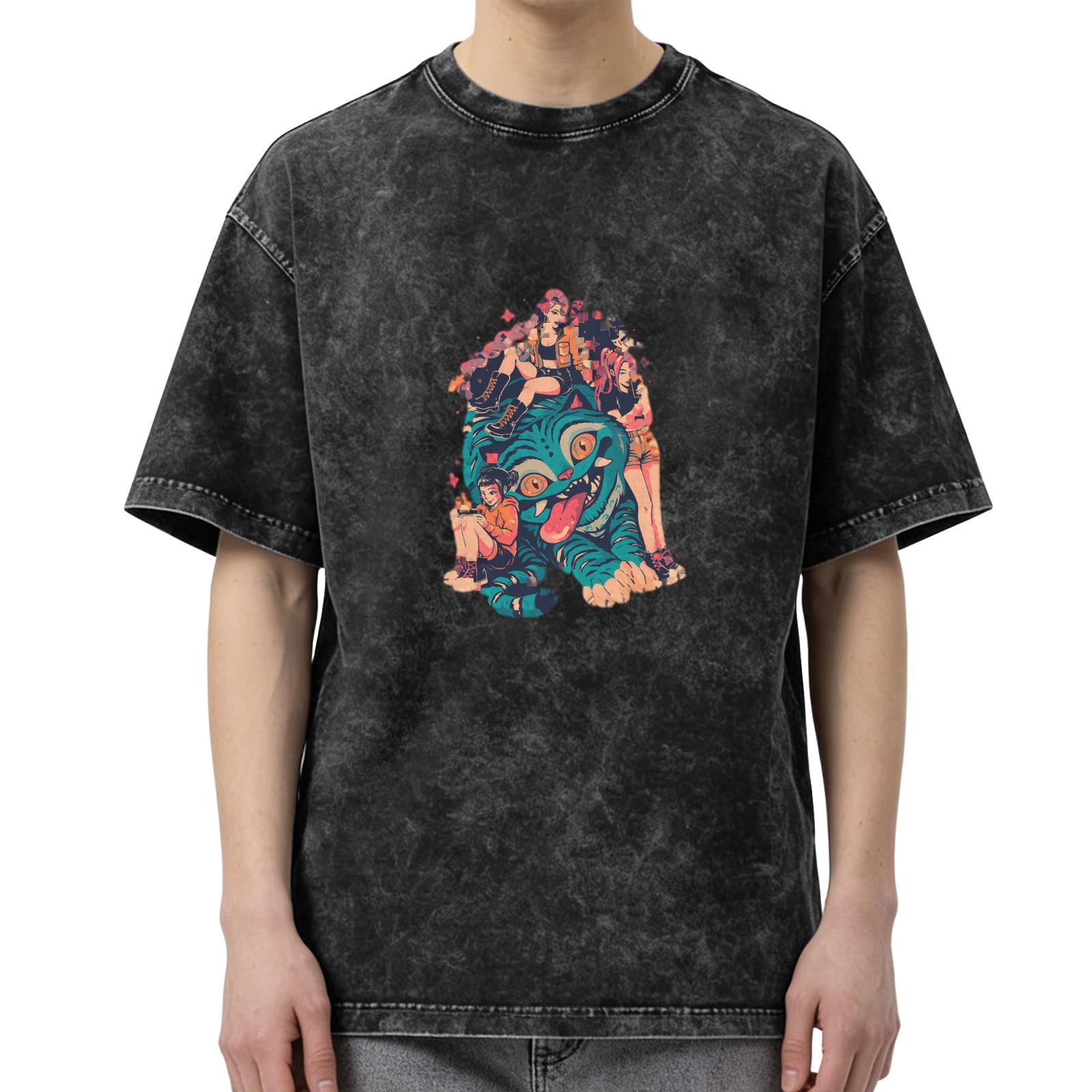 Distressed black loose short-sleeved T-shirt Cartoon fantasy monster girl print Street fashion casual top