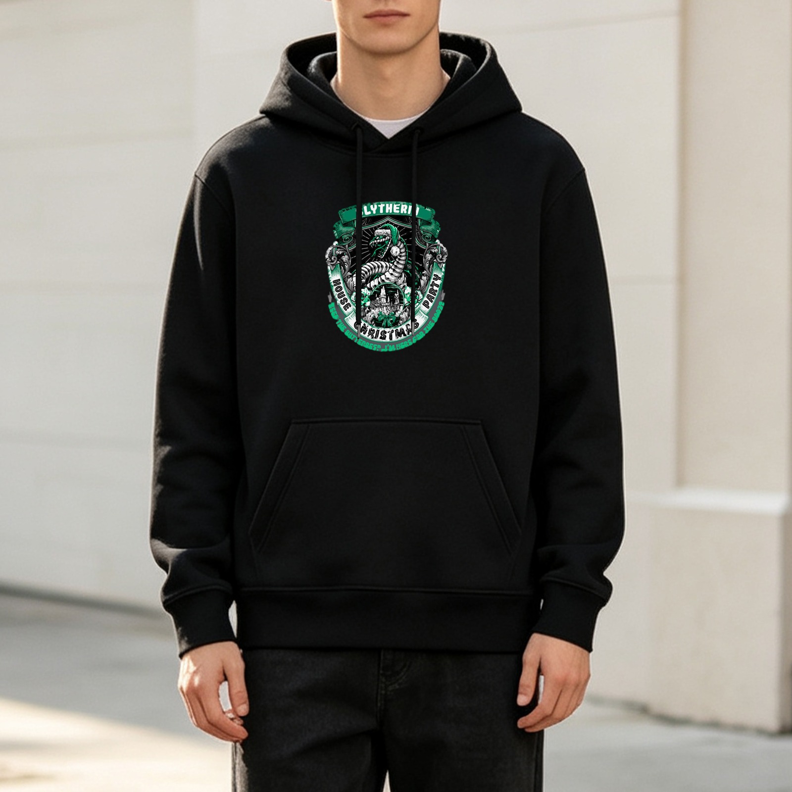 Black hoodie with Slytherin house Christmas party crest print