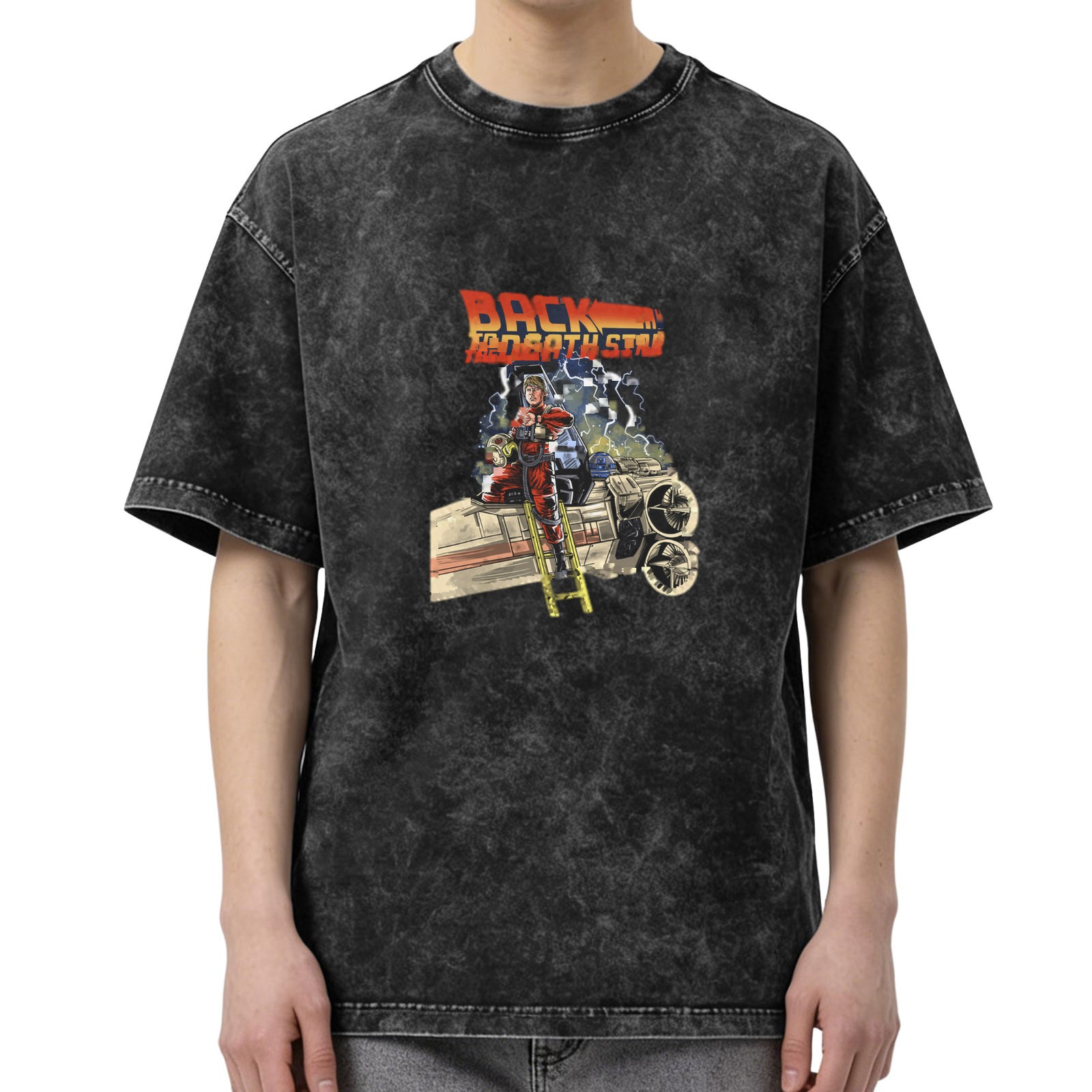 Distressed washed black retro printed short-sleeved T-shirt American street style loose casual top