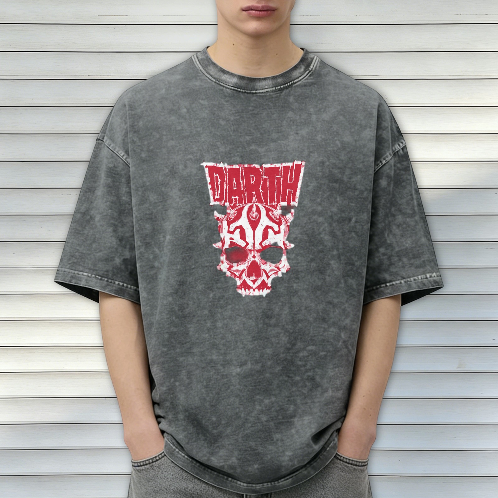 Darth Maul Skull Graphic Black Acid Wash T-Shirt