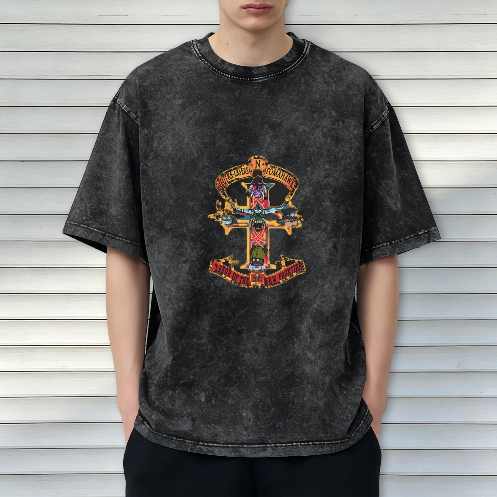 Washed black graphic t-shirt with stylized cross and text print