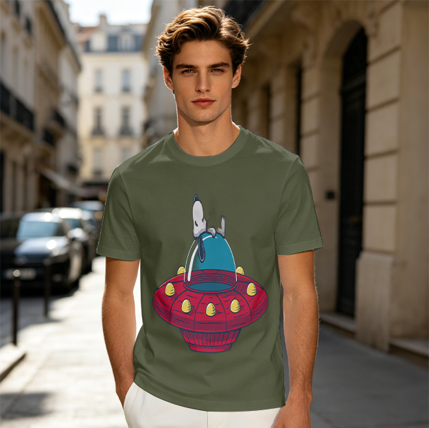 Olive T-Shirt Featuring Snoopy Relaxing in a Red UFO
