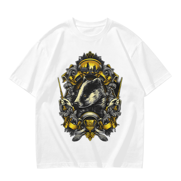 Olive T-shirt with Badger Crest Magical Artwork Print