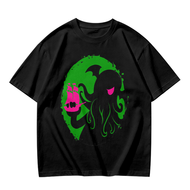Olive T-Shirt With Cthulhu Holding Pink Ship Graphic Print