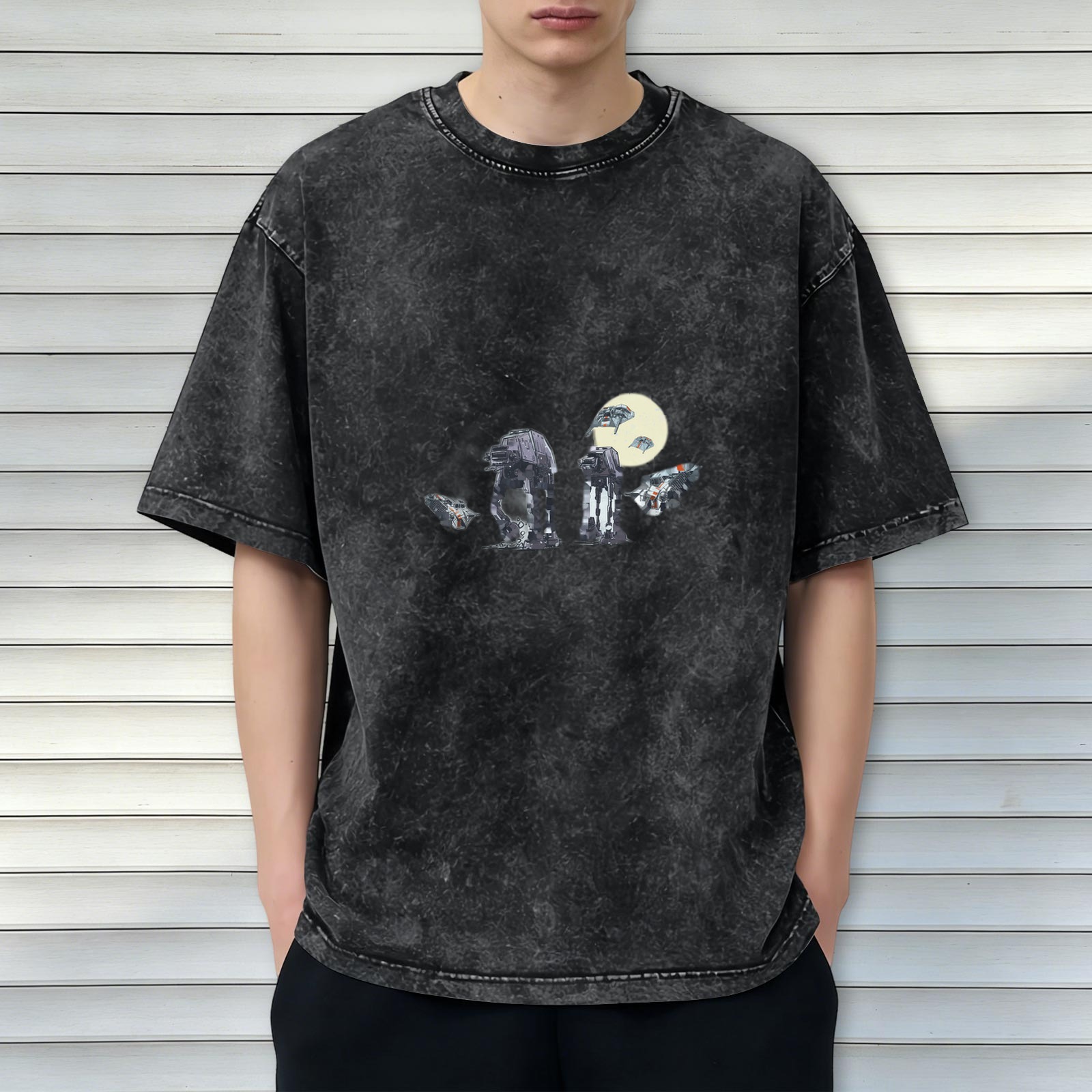Washed black graphic t-shirt with Star Wars AT-AT and space ships design